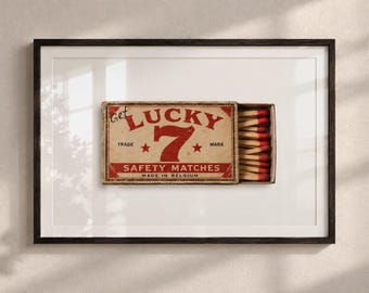 Get Lucky 7 Matchbox Print, Vintage Retro Wall Art, Red & Cream Poster, Digital Download