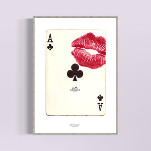 Arte murale di lusso con carte da gioco / stampa di rossetto bacio, download digitale, arredamento alla moda, estetica del marchio di design, asso di fiori amore