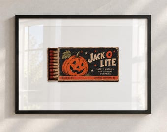 Vintage Halloween Print, Jack O Lite Matchbox Art, Witchy Wall Decor, Digital Download