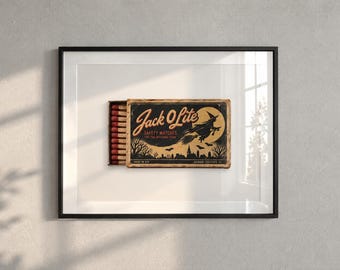 Jack O Lite Matchbox Print, Vintage Halloween Wall Art, Witch Art, Retro Halloween Decor, Gothic Matchbox Art, Digital Download