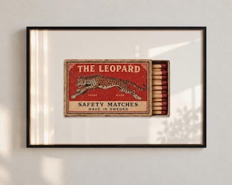 Vintage Leopard Wall Art, Retro Matchbox Print, Eclectic Mid Century Decor, Digital Download
