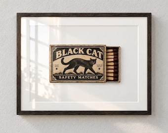 Black Cat Wall Art, Vintage Cat Print, Retro Matchbox Art, Lucky Black Cat Decor, Eclectic Vintage Wall Art, Digital Download