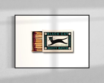 Black Cat Matchbox Print | vintage matchbook wall poster, Czech art, chic home decor, cat lover gift,