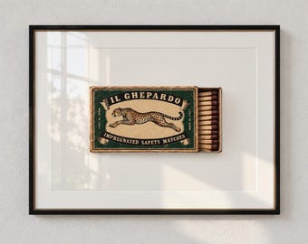Vintage Cheetah Matchbox Art Print, Italian Matchbook Wall Art, Retro Animal Poster, Eclectic Maximalist Decor, Digital Download