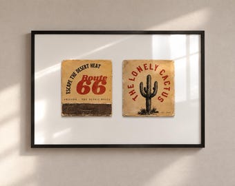 Vintage Route 66 Arizona Prints, Retro Matchbook Poster, Desert Cactus Wall Art, Digital Download