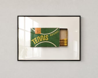 Vintage Tennis Matchbox Print, Retro Sports Wall Art, Green Tennis Decor, Digital Download
