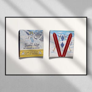 Bunny Hill Ski Resort and Lodge Vintage Matchbook Wall Art | Pamiątki narciarskie z lat 50., wydruk z podróży po Vermont, dziewczęta na nartach, sporty zimowe