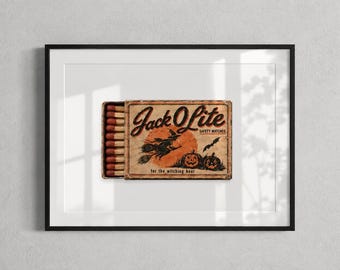 Vintage Halloween Print, Jack O Lite Matchbox Art, Witchy Wall Decor, Pumpkin Art, Digital Download