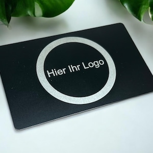 Metall Visitenkarte mit eigenem Logo und Beschriftung auf der Rückseite. QR-Code, vCard, Aluminium, 0.42mm, Karte, Kontakt, Werbung