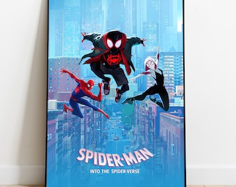 May include: A poster for the animated movie Spider-Man: Into the Spider-Verse. The poster features three Spider-Man characters in a city setting. The characters are jumping in the air, with the city skyline in the background. The text "Spider-Man: Into the Spider-Verse" is at the bottom of the poster.