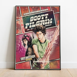 May include: A retro-style movie poster for the film "Scott Pilgrim vs. the World". The poster features a comic book style illustration of the main characters, Scott Pilgrim and Ramona Flowers, with a red and yellow color scheme. The text "A Game Changer" is featured at the bottom of the poster.