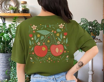 Flowers, Bugs And Cherry Tshirt | Cottagecore Floral Top | Wildflower Granola Girl Shirt | Plants, Insects And Fruit Tee