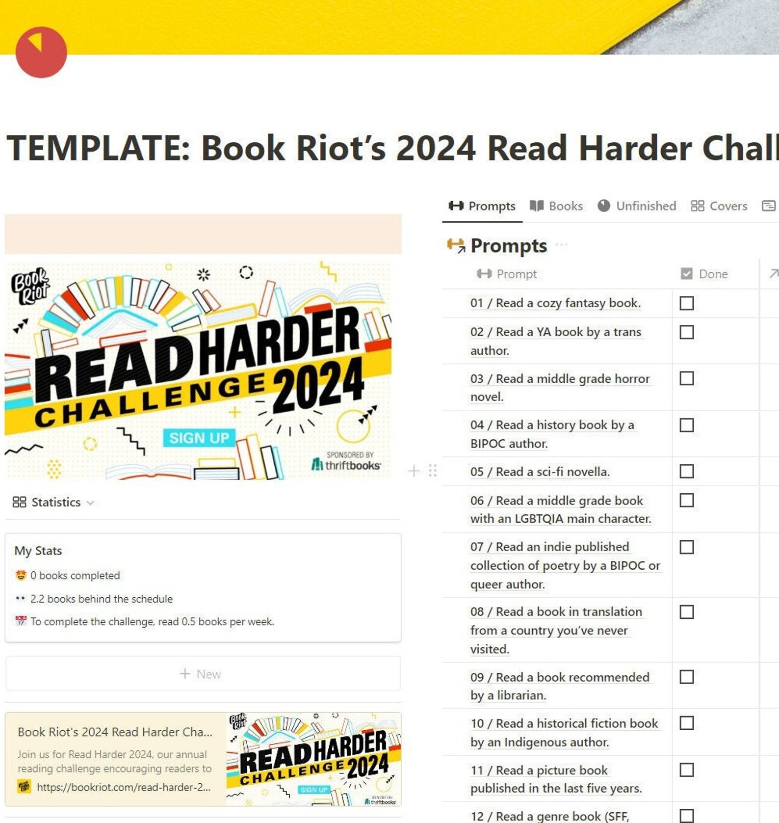 Notion Template Book Riots 2024 Read Harder Challenge Tracker Etsy