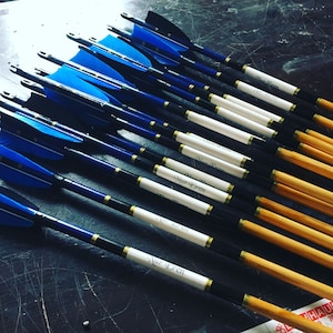 Handcrafted Wooden Archery Arrow: Blue Black Turkey Feathers