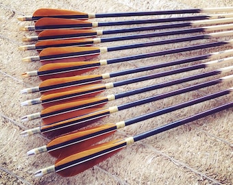 Wooden Archery Arrow, Recurve Bow, Longbow, Hunting Gift, Self Nock, Brown Black Feather