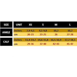 Op de afbeelding: Maattabel voor enkel- en kuitmetingen in inches en centimeters. XS: Enkel 7,9-9,1 inch (20-23 cm), Kuit 11,4-14,2 inch (29-36 cm). S: Enkel 9,1-9,8 inch (23-25 cm), Kuit 14,6-15,8 inch (37-40 cm). M: Enkel 10,2 inch (26 cm), Kuit 16,5-16,9 inch (42-43 cm). L: Enkel 10,2 inch (27-28 cm), Kuit 17,7-18,5 inch (45-47 cm).