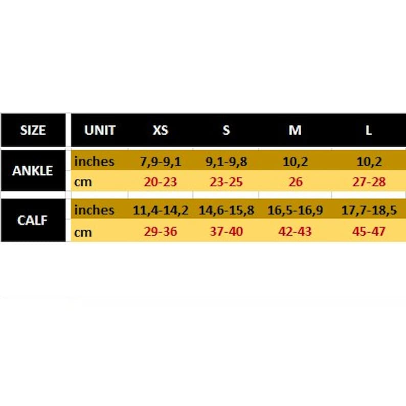 Op de afbeelding: Maattabel voor enkel- en kuitmetingen in inches en centimeters. XS: Enkel 7,9-9,1 inch (20-23 cm), Kuit 11,4-14,2 inch (29-36 cm). S: Enkel 9,1-9,8 inch (23-25 cm), Kuit 14,6-15,8 inch (37-40 cm). M: Enkel 10,2 inch (26 cm), Kuit 16,5-16,9 inch (42-43 cm). L: Enkel 10,2 inch (27-28 cm), Kuit 17,7-18,5 inch (45-47 cm).