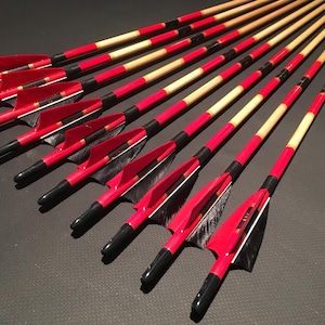 May include: A set of 10 red and black arrows with fletching. The arrows are made of wood and have a black tip.