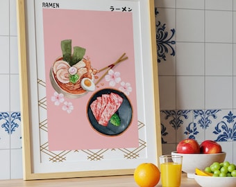 Pink Ramen Poster, Japanese Food Wall Art, Watercolor Noodle Bowl Print, Kawaii Kitchen Decor, Cute Beef Ramen Illustration