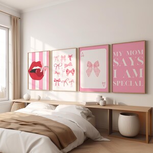 Roze strik en lippen muurkunst set - vrouwelijk, modern decor voor meisjeskamers