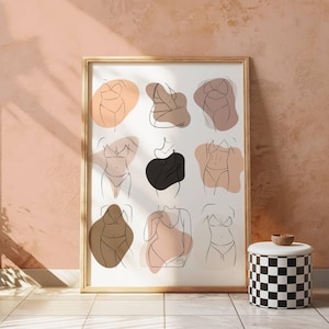 Könnte beinhalten: Ein digitaler Kunstdruck mit neun Linienzeichnungen von weiblichen Figuren in verschiedenen Posen, die jeweils Dessous tragen. Die Figuren sind in Schwarz umrandet und vor einem weißen Hintergrund mit abstrakten Formen in Braun- und Beigetönen platziert.