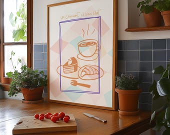 French Cafe Print: Croissant & Coffee, Kitchen Wall Art (Digital Download)