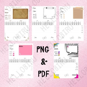 May include: A collection of printable nail design templates in PNG and PDF formats. The templates feature spaces for names, shapes, glitter, gems, and 3D art, with areas for time and price. The text "PNG & PDF" is also visible.