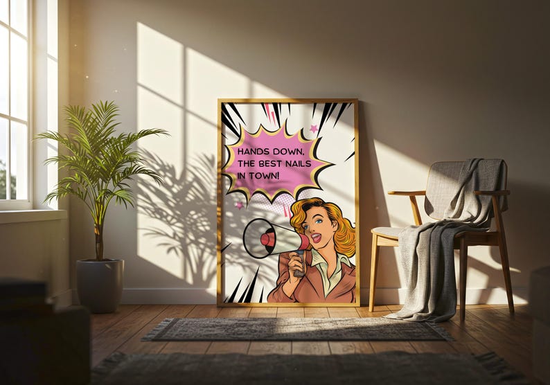 Artistic shot of a nail salon marketing poster leaning against a wall with plant shadows. "Hands Down The Best Nails In Town" quote in comic font. Retro-modern fusion decor for a stylish nail tech station.