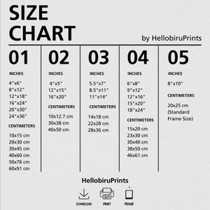 May include: Size chart for prints in inches and centimeters.  The chart shows five different print sizes, with measurements in both inches and centimeters.  The chart also includes the standard frame size for the largest print.