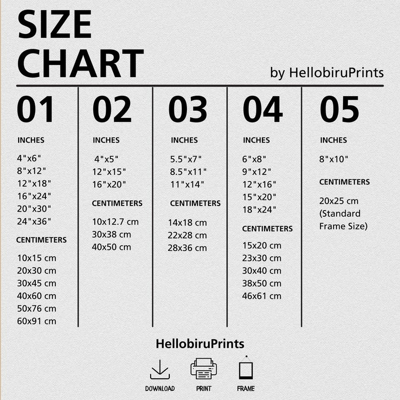 May include: Size chart for prints in inches and centimeters.  The chart shows five different print sizes, with measurements in both inches and centimeters.  The chart also includes the standard frame size for the largest print.
