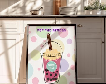 Pub The Stress Bubble The Best poster, poster bubble thee, schattige boba-kunst, kawaii bubble tea print, pastel drankje decor, digitale download kunst