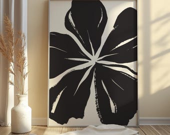 Abstrakt svart blomväggkonst, minimalistisk botanisk tryck, modern neutral blommig poster, skandinavisk bohemisk inredning, utskrivbar konst