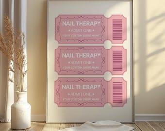 Custom Nail Salon Decor, Nail Therapy Ticket Print, Pink Coquette Wall Art, Personalized Manicurist Gift, Preppy Beauty Room Poster