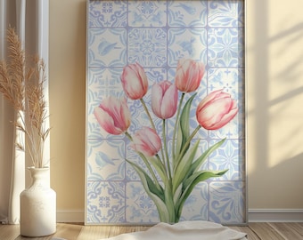 Rosa Tulpe Wand Kunst, Kachel Druck, Aquarell Blumenmarkt Poster, Chinoiserie Dekor, Mediterrane Küchenkunst, Frühling Digital Download
