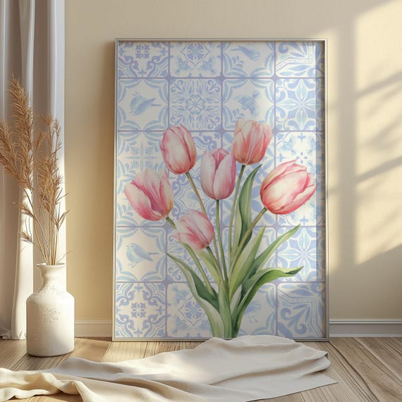 Pink Tulip Wall Art, Blue Tile Print, Watercolor Flower Market Poster, Chinoiserie Decor, Mediterranean Kitchen Art, Spring Digital Download