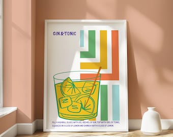 Gin & Tonic Cocktail Art Print: Minimalist Bar Decor (Digital Download)