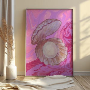 Póster de conchas marinas, impresión de playa en tonos pastel, decoración costera, póster rosa fuerte, pintura de perlas, tema submarino, arte oceánico femenino, descarga digital