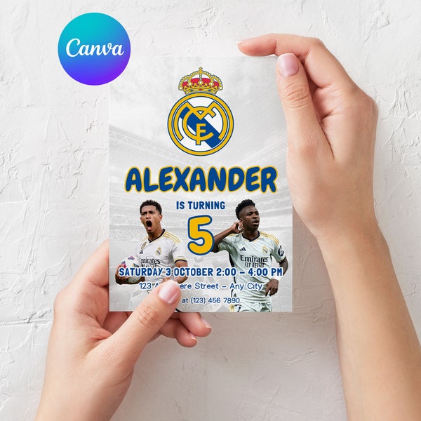 Printable Real Madrid football birthday invitation, digital birthday invitation template