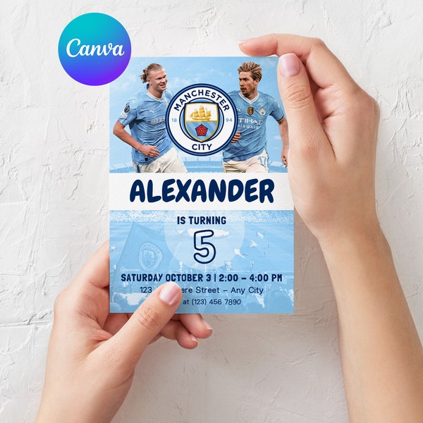 Invitation anniversaire football Manchester City imprimable, modèle numérique d'invitation pour anniversaire