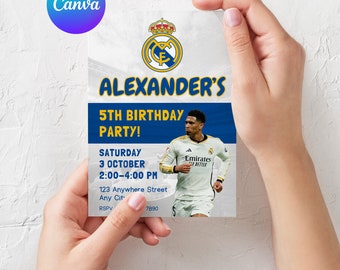 Invitación de cumpleaños de fútbol del Real Madrid imprimible, plantilla de invitación de cumpleaños digital