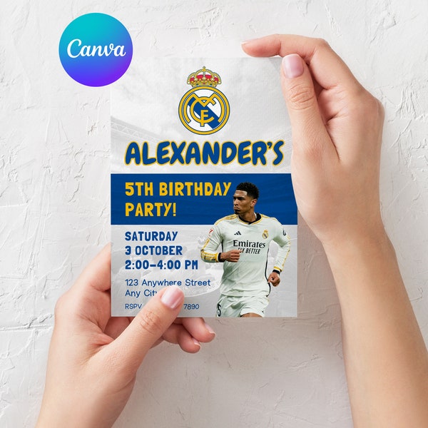 Invitation anniversaire football Real Madrid imprimable, modèle numérique d'invitation pour anniversaire