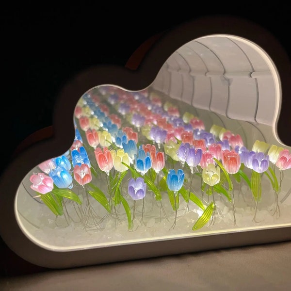 Lampe nuage avec tulipes - Miroir à boucle infinie - Jolie décoration d'intérieur à LED - Petit jardin de tulipes pour la maison - Cadeau pour elle
