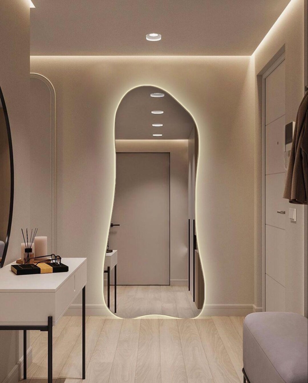 Full Length Arc Shaped LED Lighted Dressing Mirror Irregularly ...