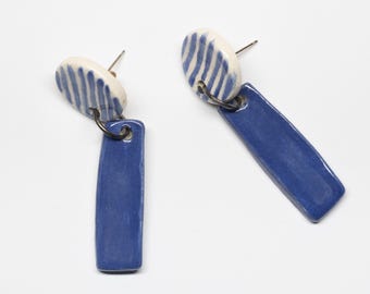Hand Painted Ceramic Earrings in Cobalt Blue and White