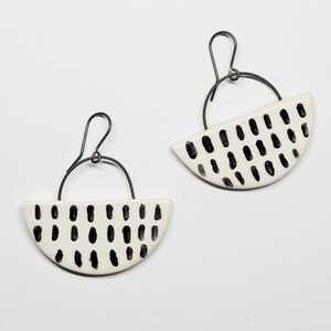 Hand Painted Ceramic Earrings in White with Black Dashes