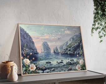 Wooden Frame: Cove of Quiet Blooms (Seascape, Twilight Cliff, Floral Beach, Calming Waters, Rocky Shoreline, Pastel Sunset, Peaceful, Birds