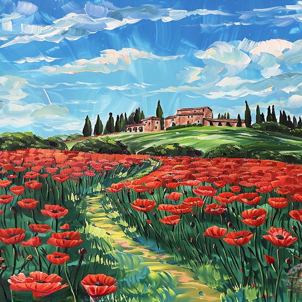 Poppy Path to the Old Villa (Tuscany, Blooming Poppies, Lush Countryside, Vibrant Spring, Pastoral Escape, Bloom, Rolling Hills, Red Flowers