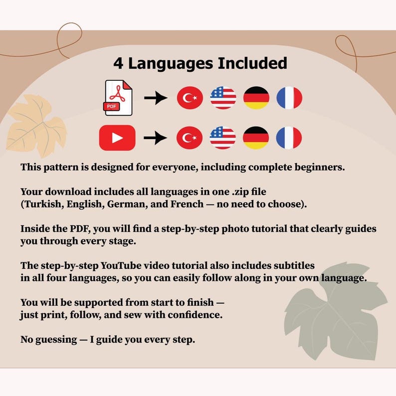 May include: An image with text that reads "4 Languages Included" with flags and icons. The text describes a pattern designed for beginners, including a PDF tutorial and a YouTube video tutorial with subtitles in four languages.