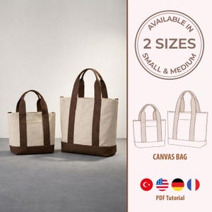 Patrón de costura en PDF para bolso de lona, 2 tamaños incluidos (pequeño y mediano), patrón imprimible para hacer tú mismo, 4 idiomas.