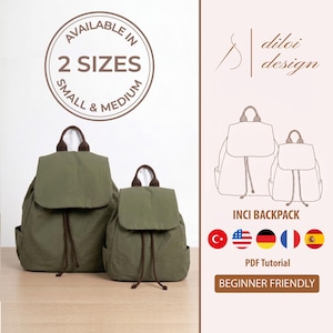 May include: Two olive green backpacks with brown top handles and drawstring closures. The text reads Available in 2 sizes small & medium, diloi design, Inci backpack, and PDF tutorial. A line drawing shows the two backpack sizes side by side.
